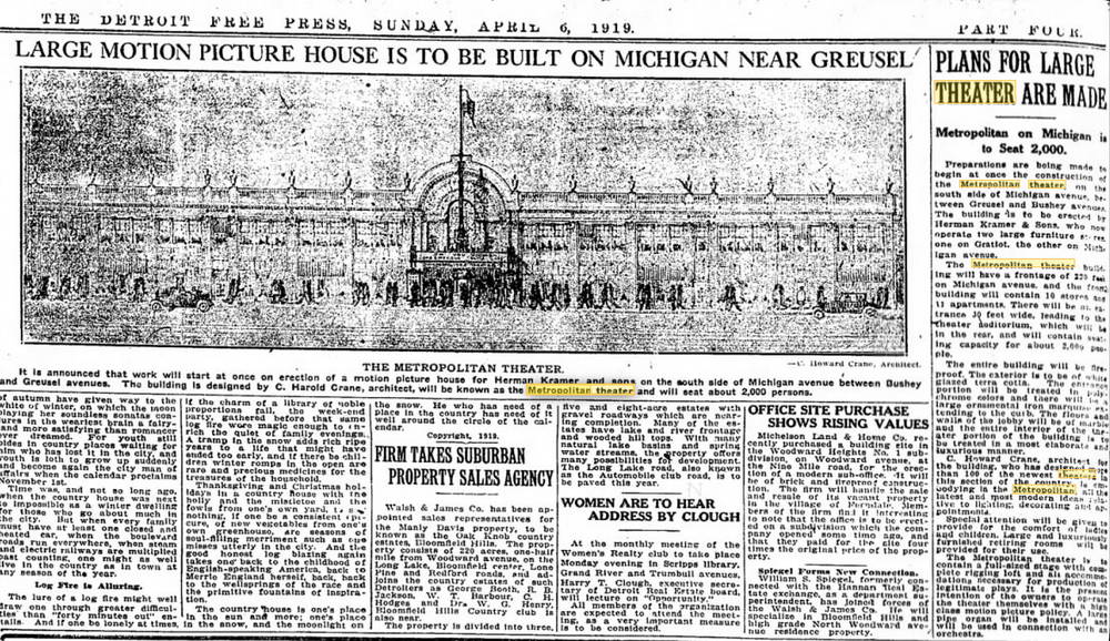 Metropolitan Theatre - April 1919 Article On Proposed Theater (newer photo)